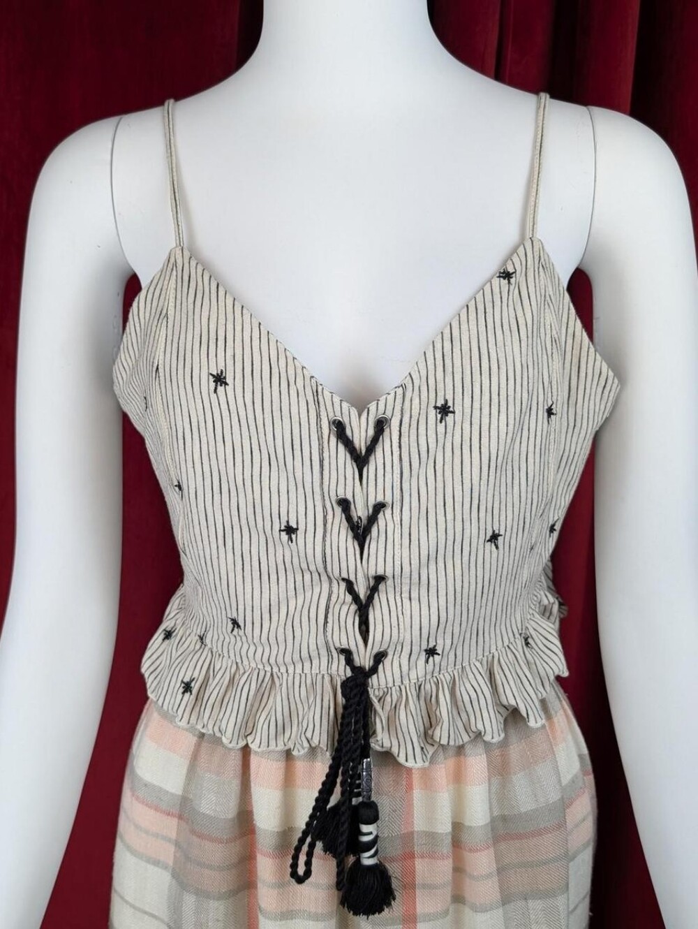 American Eagle Outfitters White & Black Vertical Striped Embroidered Tank Top